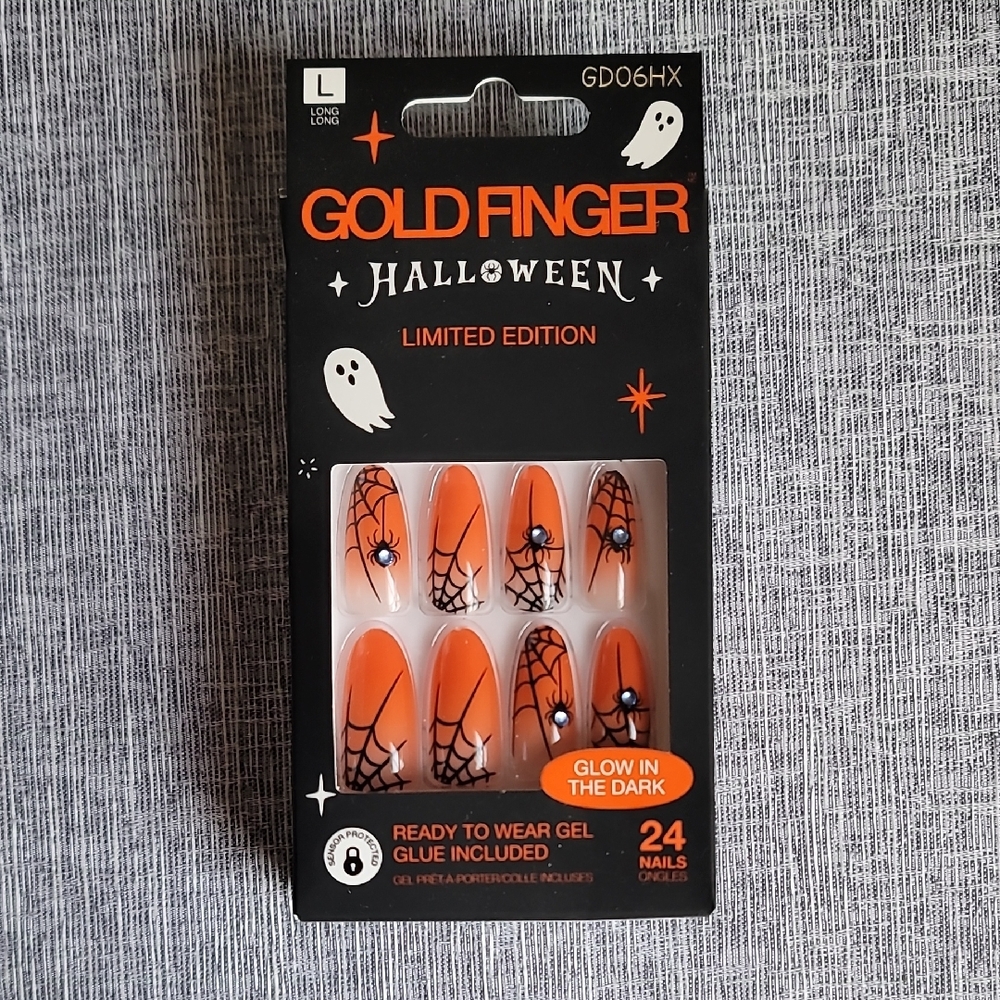 Goldfinger Halloween Glue On Nails Long Orange Spider Webs Rhinestones
